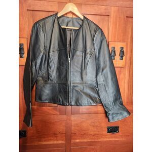 Shape Fx 100% Leather Black Collarless Jacket Zip Closure Flared Cuffs Size 18
